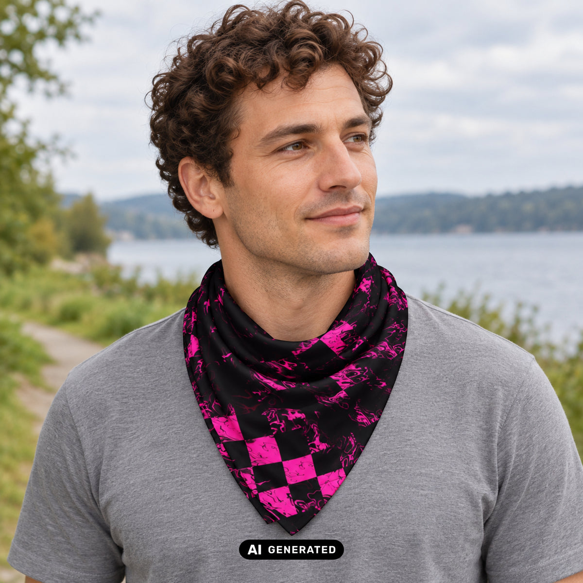 KI-generiertes Produktfoto: Abstract Squares – Bandana, mit schwarz-pinkfarbenem Muster. Dreiviertelansicht an einem erwachsenen Model am See.