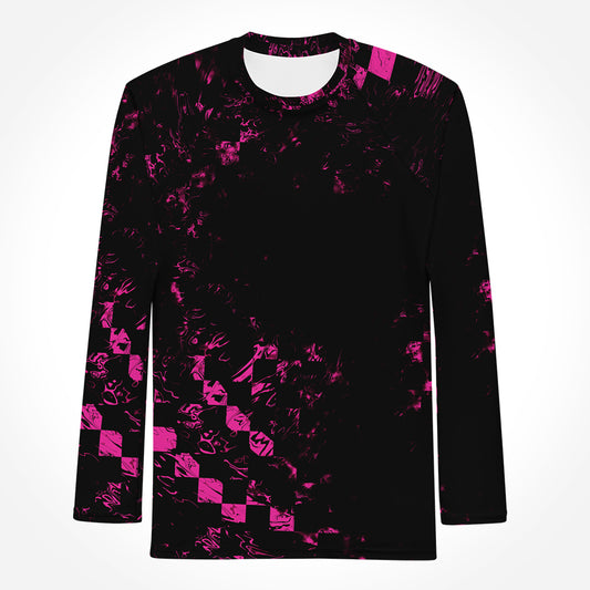 Herren-Rashguard Abstract Squares von Bachblatt mit magentafarbenem Muster auf Schwarz – Vorderansicht des ausgebreiteten Langarmshirts.