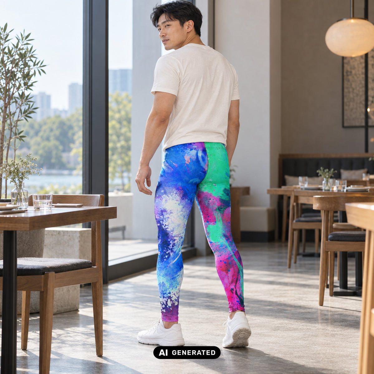 KI-generiertes Produktfoto: Energy Flow – Herren Leggings, mit mehrfarbigem Muster. Rückansicht an einem erwachsenen Model im Restaurant.