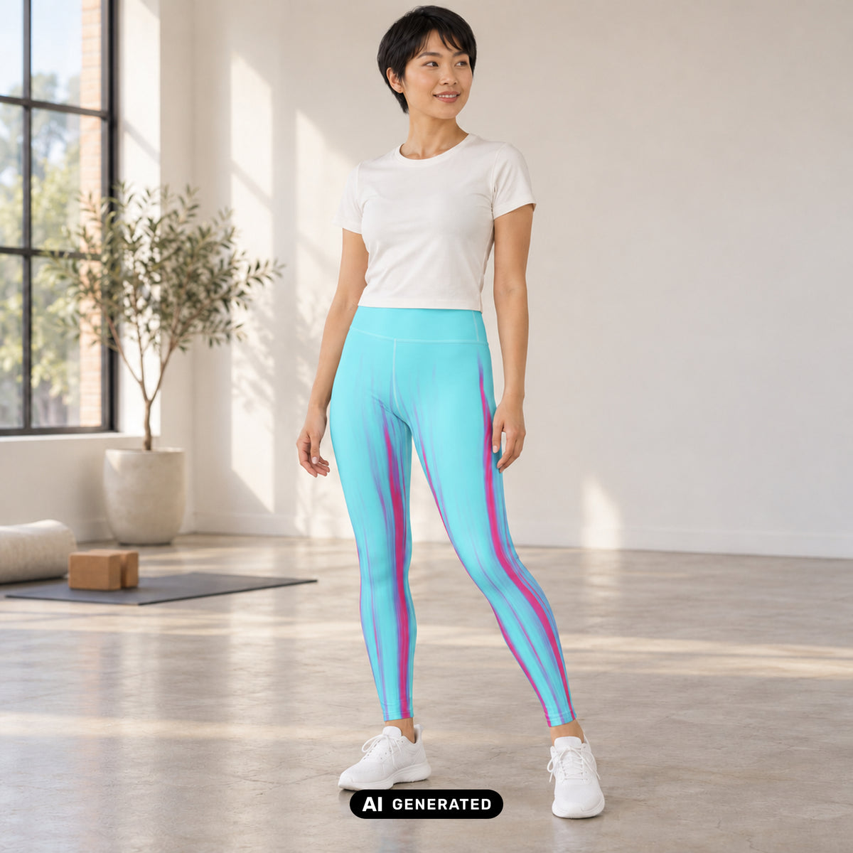 KI-generiertes Produktfoto: Moving Forest One Pink Tourquise – High Waist Damen Leggings, in Türkis mit pinken Farbverläufen. Vorderansicht an einem erwachsenen Model im Yogastudio.