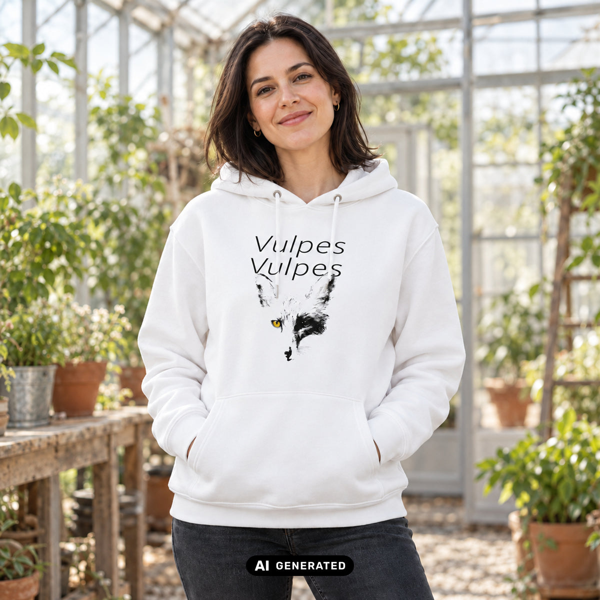 KI-generiertes Produktfoto: Vulpes Vulpes – Damen Bio Hoodie, weiß mit schwarzem Fuchsmotiv und gelbem Auge. Vorderansicht an einem erwachsenen Model im Gewächshaus.