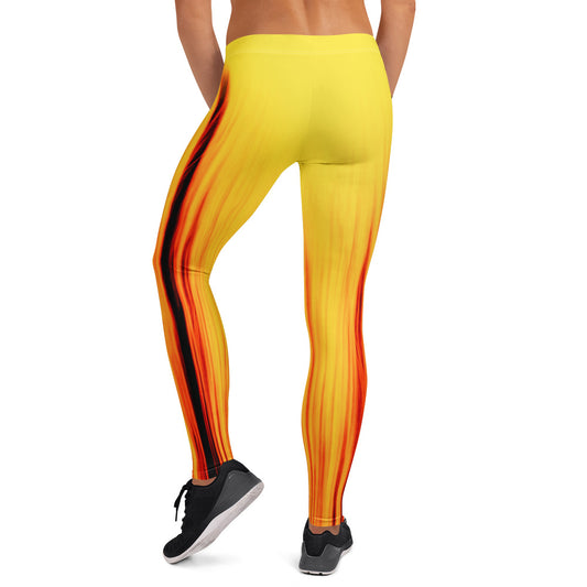 Eine Frau trägt die Moving Forest One Yellow Red Mid Waist Damen Leggings von Bachblatt. Ansicht von hinten.