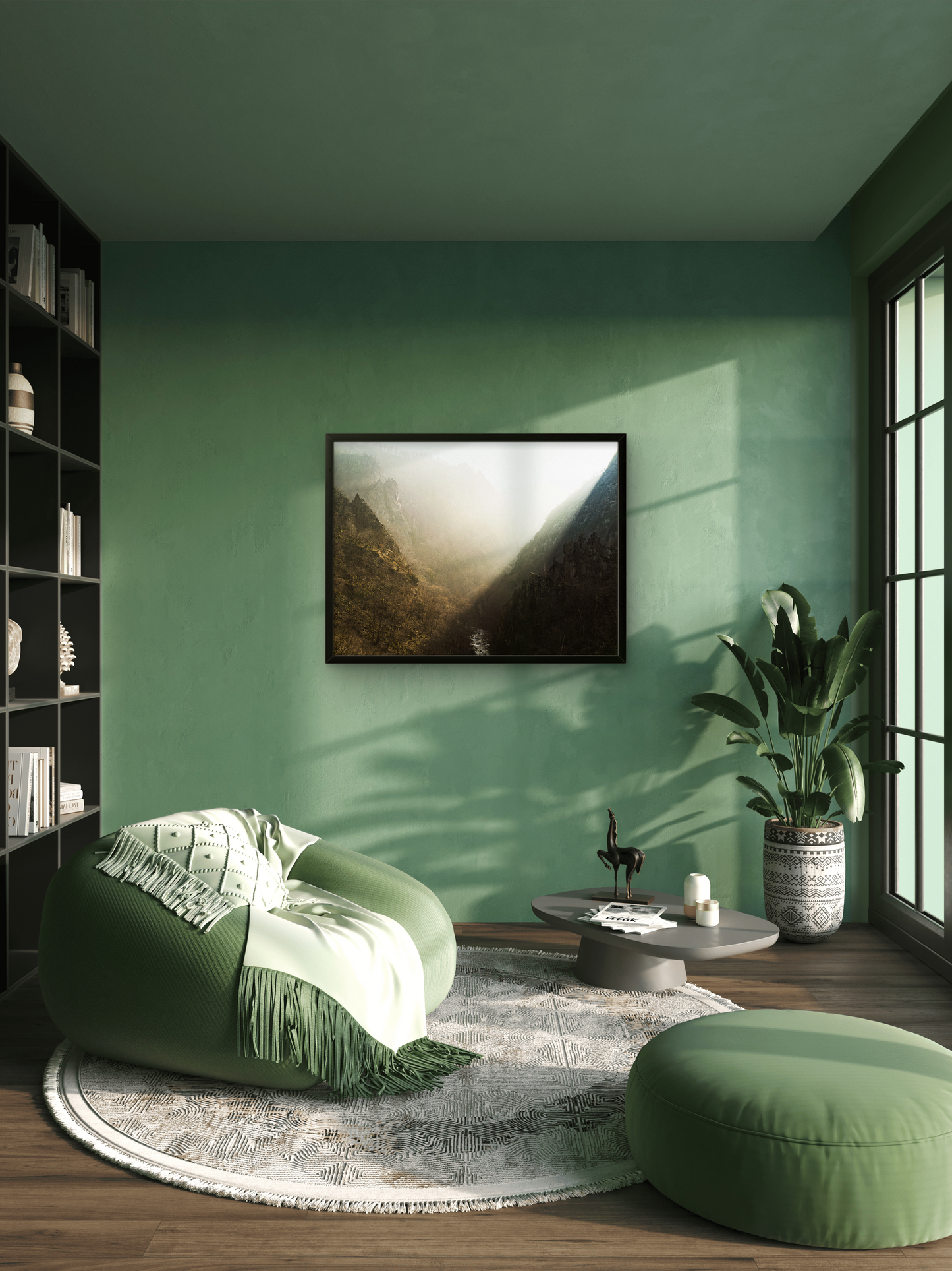 Das Poster des Bodetals hängt in einem stylischen Apartment