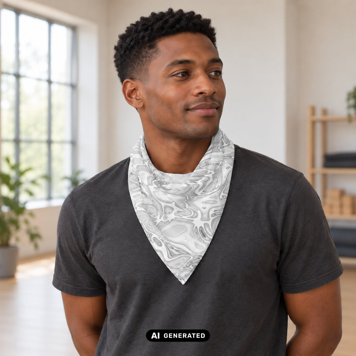 KI-generiertes Produktfoto: Abstract Fluids – Bandana, mit sanfter grauer Marmorierung. Dreiviertelansicht an einem erwachsenen Model im Yogastudio.