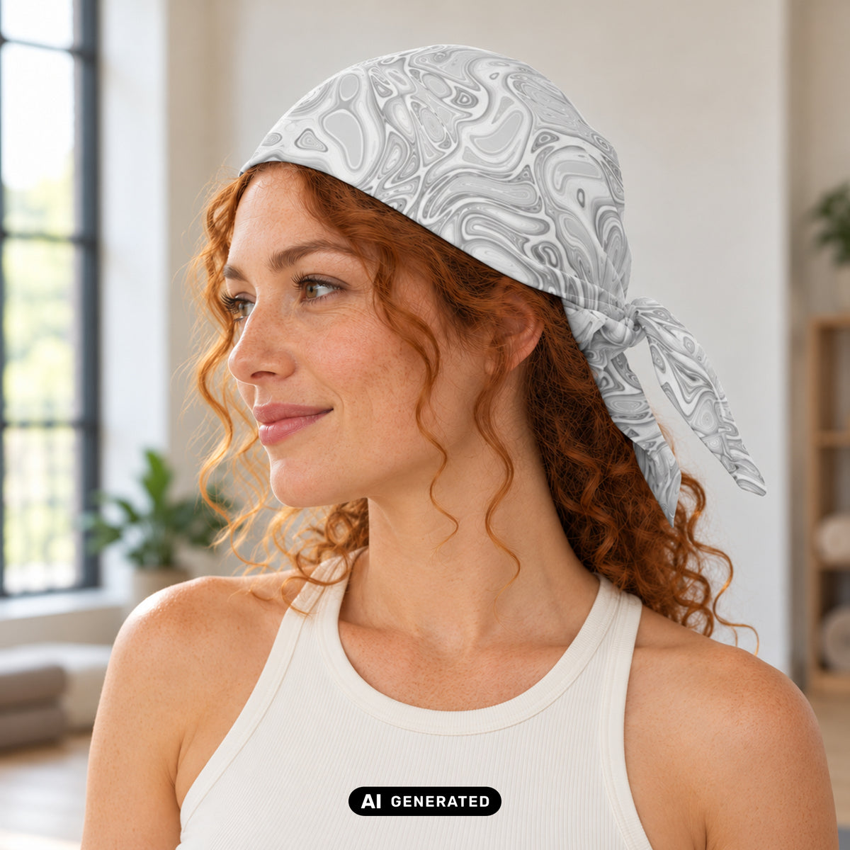 KI-generiertes Produktfoto: Abstract Fluids – Bandana, mit sanfter grauer Marmorierung. Vorderansicht an einem erwachsenen Model im Yogastudio.