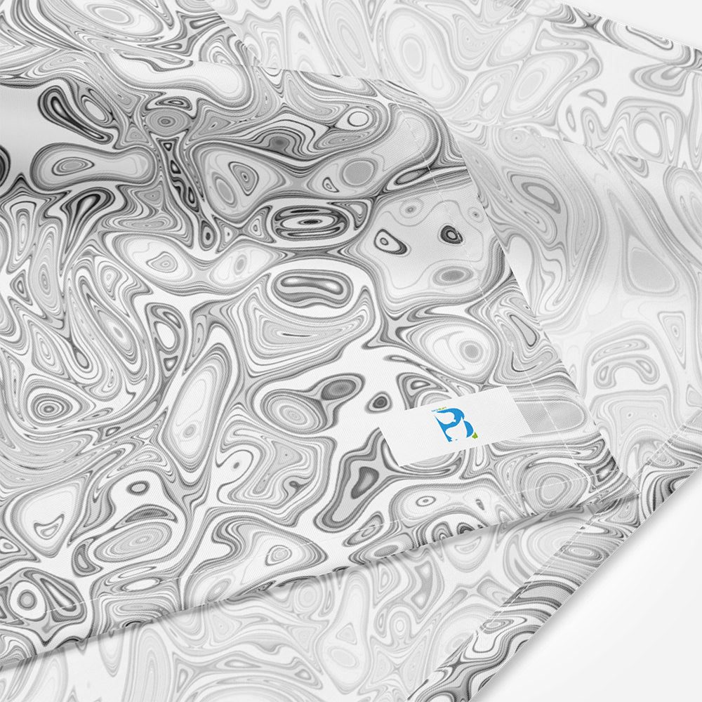 Bandana Abstract Fluids von Bachblatt mit grau-weißem Muster – Nahaufnahme des grau-weißen Musters und des Bachblatt-Logos.