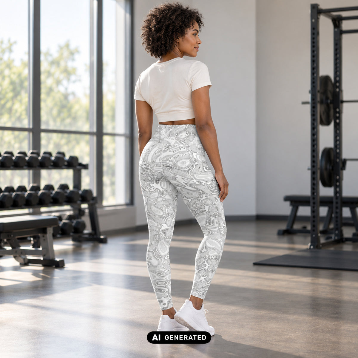 KI-generiertes Produktfoto: Abstract Fluids – High Waist Damen Leggings, grau-weiß marmoriert. Rückansicht an einem erwachsenen Model im Fitnessstudio.
