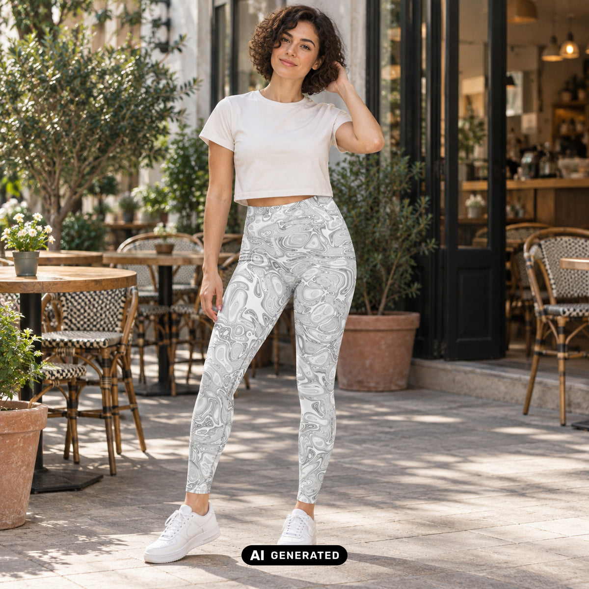 KI-generiertes Produktfoto: Abstract Fluids – High Waist Damen Leggings, grau-weiß marmoriert. Vorderansicht an einem erwachsenen Model auf einer Caféterrasse.