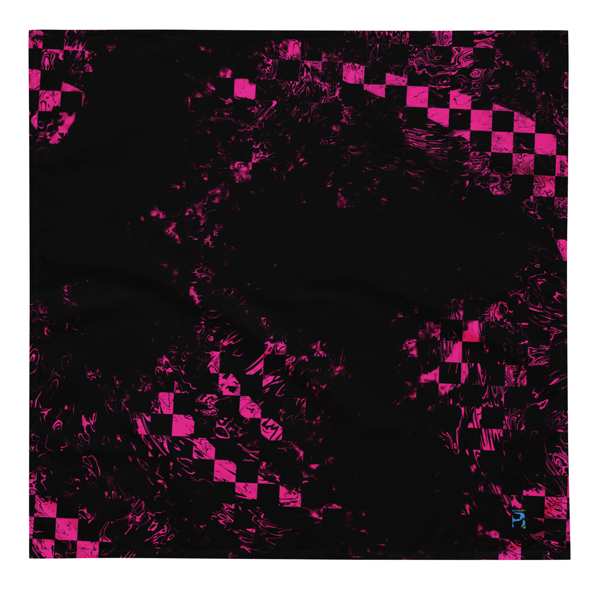 Bandana Abstract Squares von Bachblatt mit magentafarbenem Muster auf Schwarz – Flach ausgebreitet, Gesamtansicht des quadratischen Tuchs.