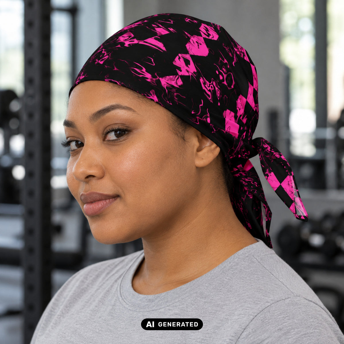 KI-generiertes Produktfoto: Abstract Squares – Bandana, mit schwarz-pinkfarbenem Muster. Vorderansicht an einem erwachsenen Model im Fitnessstudio.
