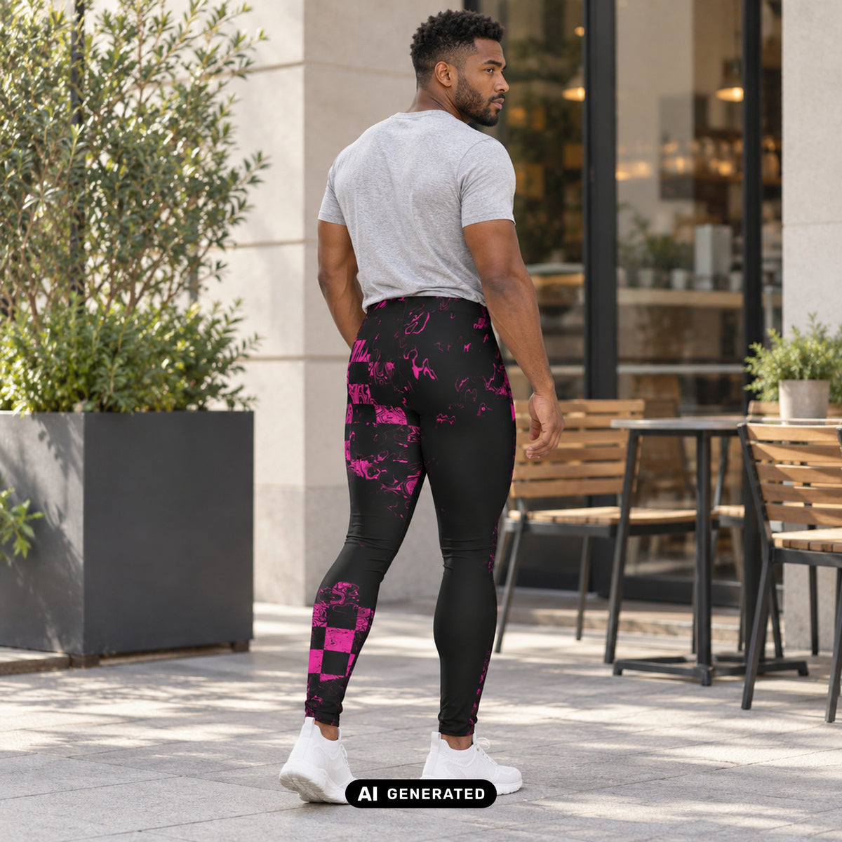 KI-generiertes Produktfoto: Abstract Squares – Herren Leggings, mit schwarz-magentafarbenem Muster. Rückansicht an einem erwachsenen Model auf einer Caféterrasse.