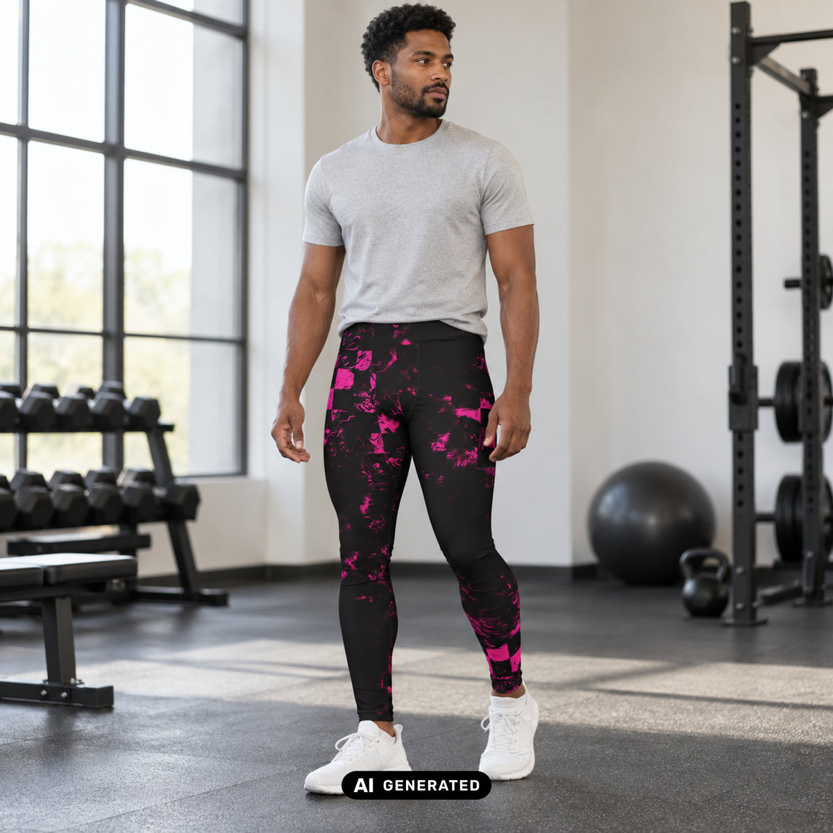 KI-generiertes Produktfoto: Abstract Squares – Herren Leggings, mit schwarz-magentafarbenem Muster. Vorderansicht an einem erwachsenen Model im Fitnessstudio.