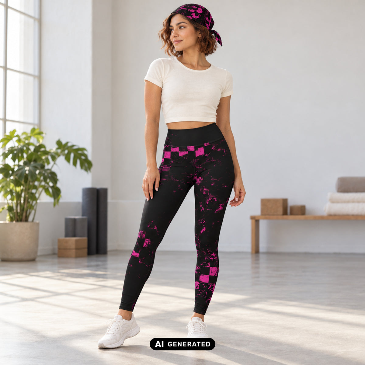 KI-generiertes Produktfoto: Abstract Squares – High Waist Damen Leggings, mit schwarz-magentafarbenem Muster. Vorderansicht an einem erwachsenen Model im Yogastudio.