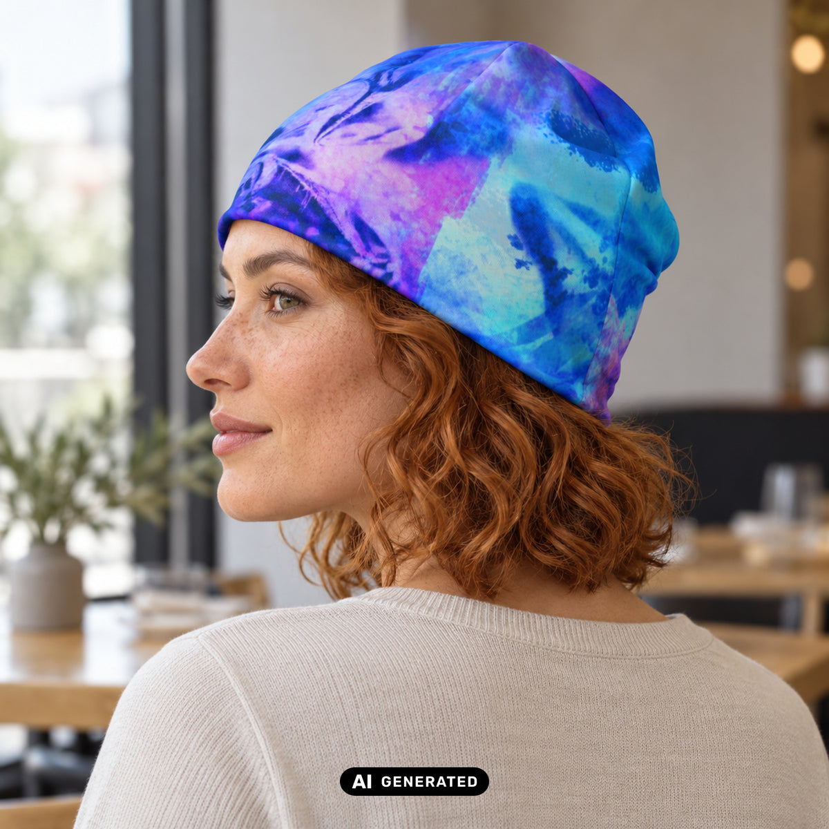 KI-generiertes Produktfoto: Energy Flow – Beanie, mit mehrfarbigem Muster. Dreiviertelansicht an einem erwachsenen Model im Restaurant.