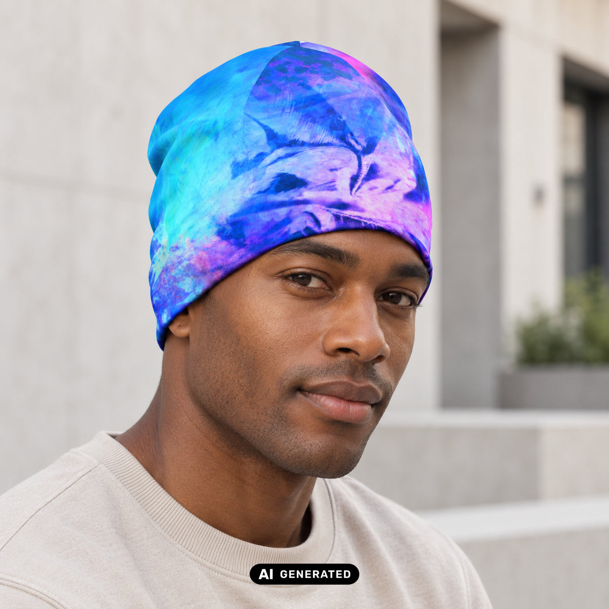 KI-generiertes Produktfoto: Energy Flow – Beanie, mit mehrfarbigem Muster. Vorderansicht an einem erwachsenen Model in einem urbanen Innenhof.