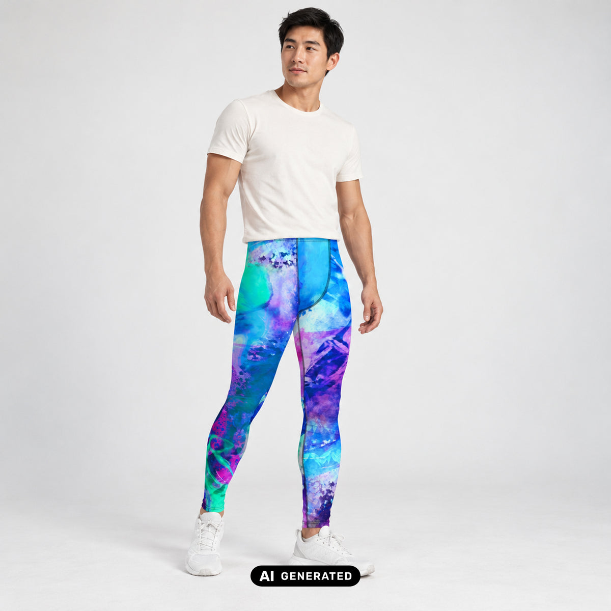 KI-generiertes Produktfoto: Energy Flow – Herren Leggings, mit mehrfarbigem Muster. Vorderansicht an einem erwachsenen Model im hellen Fotostudio.