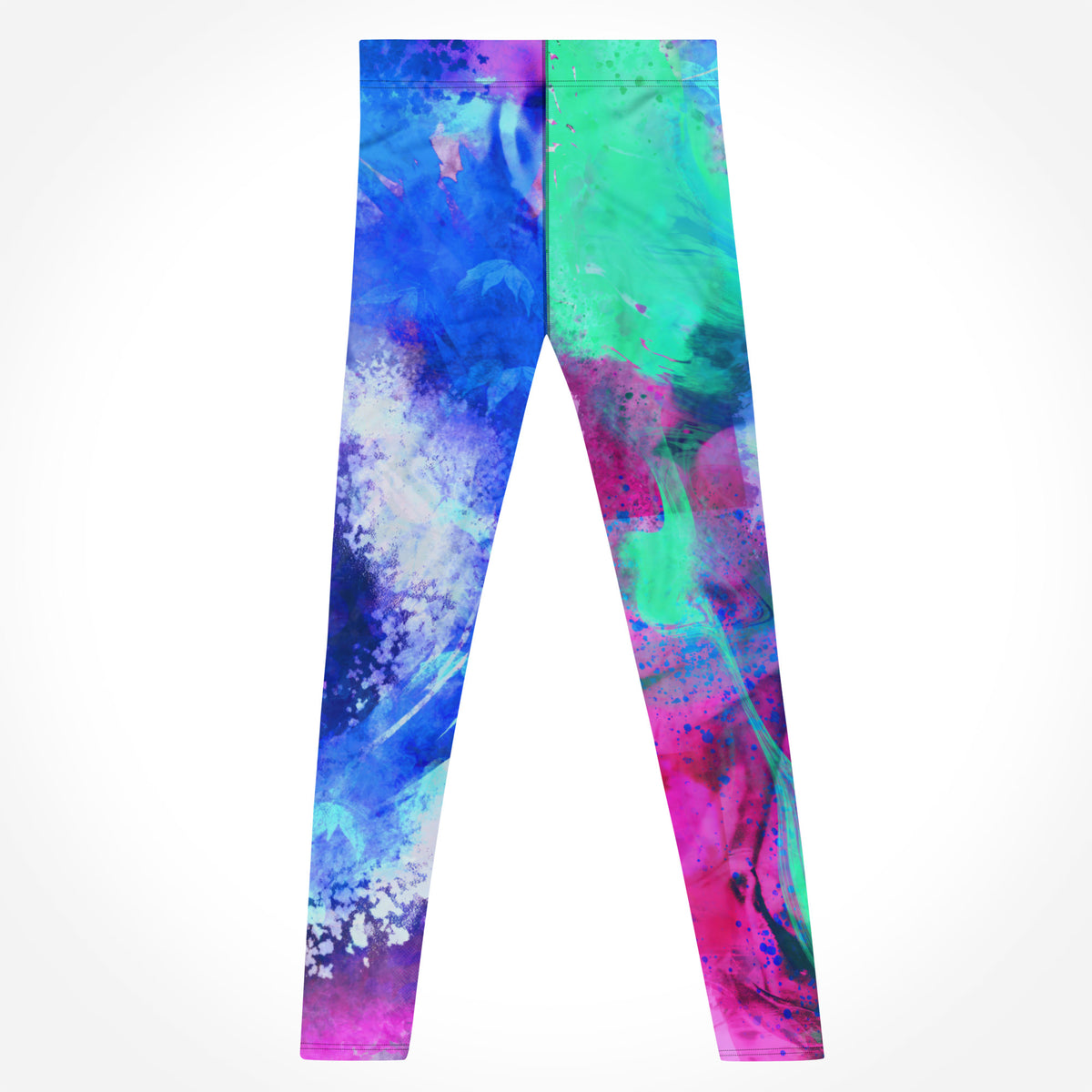 Herren-Leggings Energy Flow von Bachblatt mit blau-grün-violettem Muster – Rückansicht der ausgebreiteten Leggings.