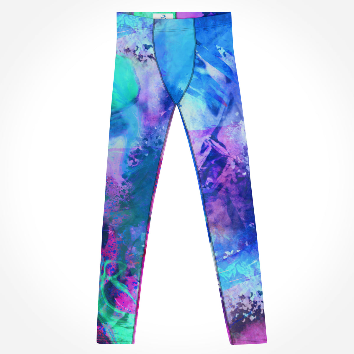 Herren-Leggings Energy Flow von Bachblatt mit blau-grün-violettem Muster – Vorderansicht der ausgebreiteten Leggings.