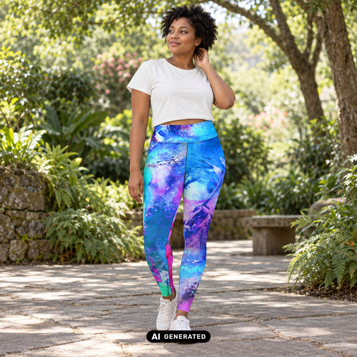 KI-generiertes Produktfoto: Energy Flow – High Waist Damen Leggings, mit blau-gruen-violettem Muster. Vorderansicht an einem erwachsenen Model im botanischen Garten.