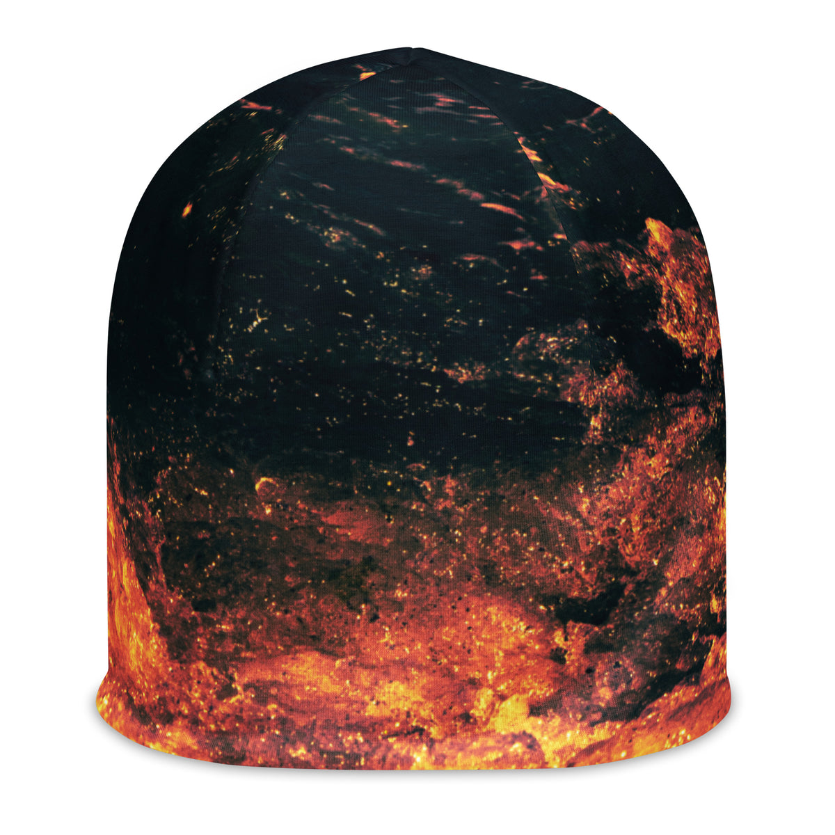 Beanie Fiery Waves von Bachblatt in Schwarz, Gelb und Orange – Freigestellte Vorderansicht der Mütze.