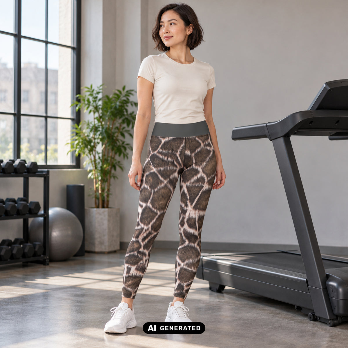 KI-generiertes Produktfoto: Giraffe – High Waist Damen Leggings, mit braun-cremefarbenem Giraffenmuster. Vorderansicht an einem erwachsenen Model neben einem Laufband im Fitnessstudio.