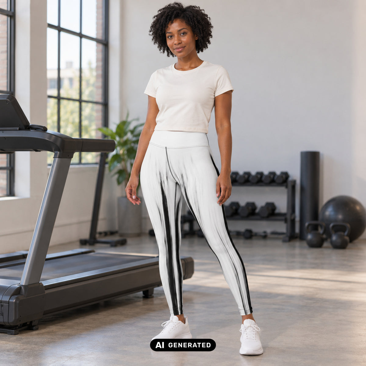 KI-generiertes Produktfoto: Moving Forest One Black White – High Waist Damen Leggings, mit schwarz-weißem Verlauf. Vorderansicht an einem erwachsenen Model neben einem Laufband im Fitnessstudio.