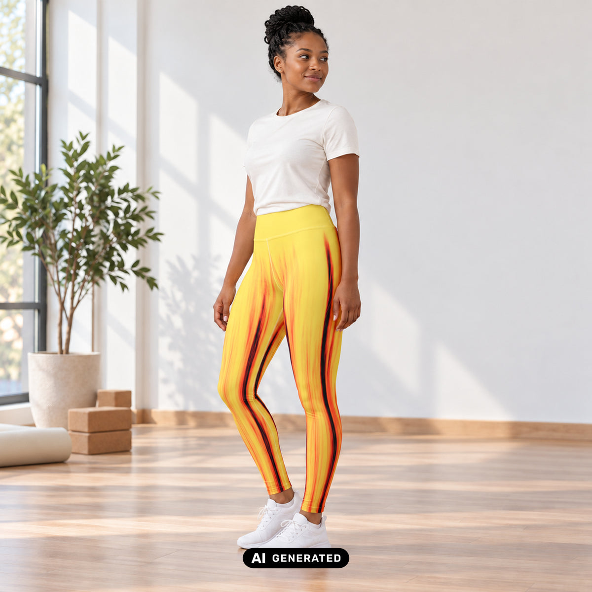 KI-generiertes Produktfoto: Moving Forest One Yellow Red – High Waist Damen Leggings, in Gelb mit roten und dunklen Farbverläufen. Vordere Dreiviertelansicht an einem erwachsenen Model im Yogastudio.