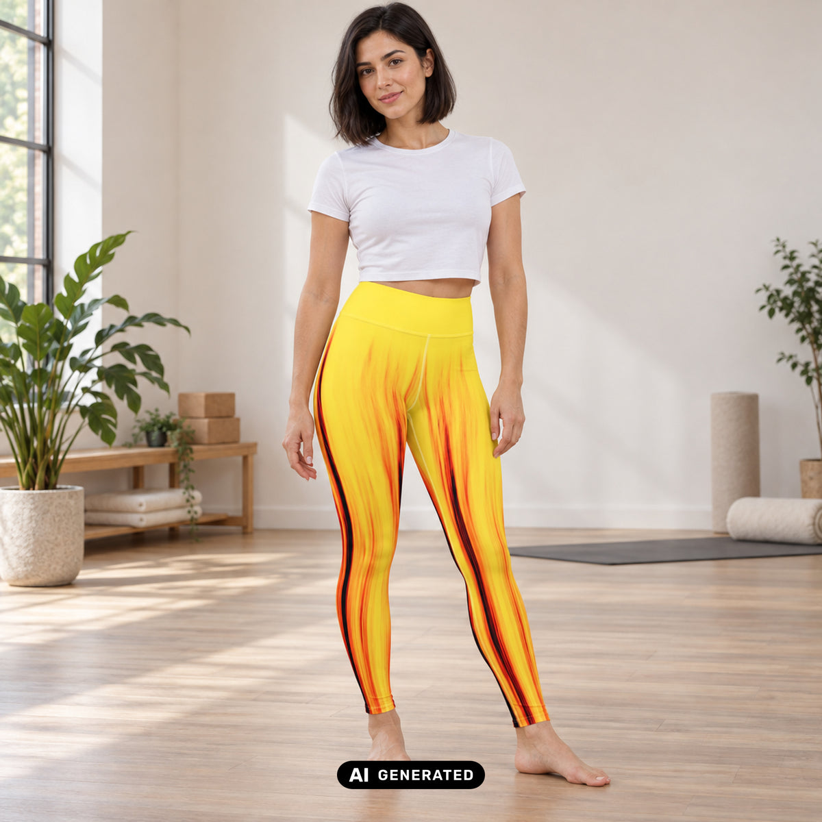 KI-generiertes Produktfoto: Moving Forest One Yellow Red – High Waist Damen Leggings, in Gelb mit roten und dunklen Farbverläufen. Vorderansicht an einem erwachsenen Model im Yogastudio.