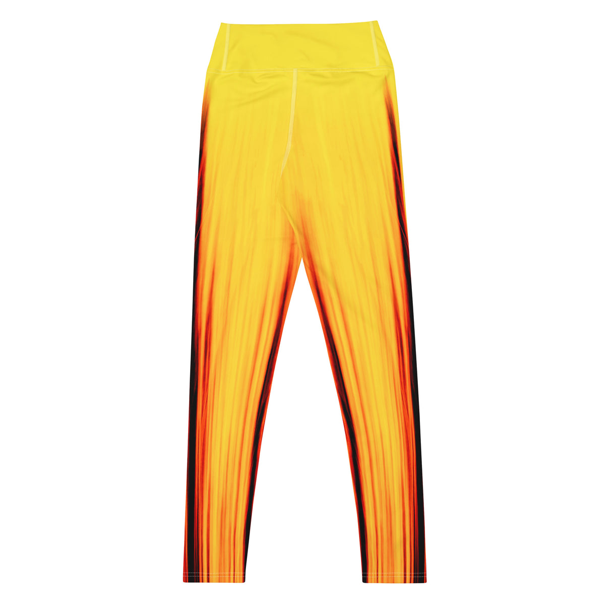 High-Waist-Damen-Leggings Moving Forest One Yellow Red von Bachblatt in Gelb mit roten und dunklen Streifen – Rückansicht der ausgebreiteten Leggings.