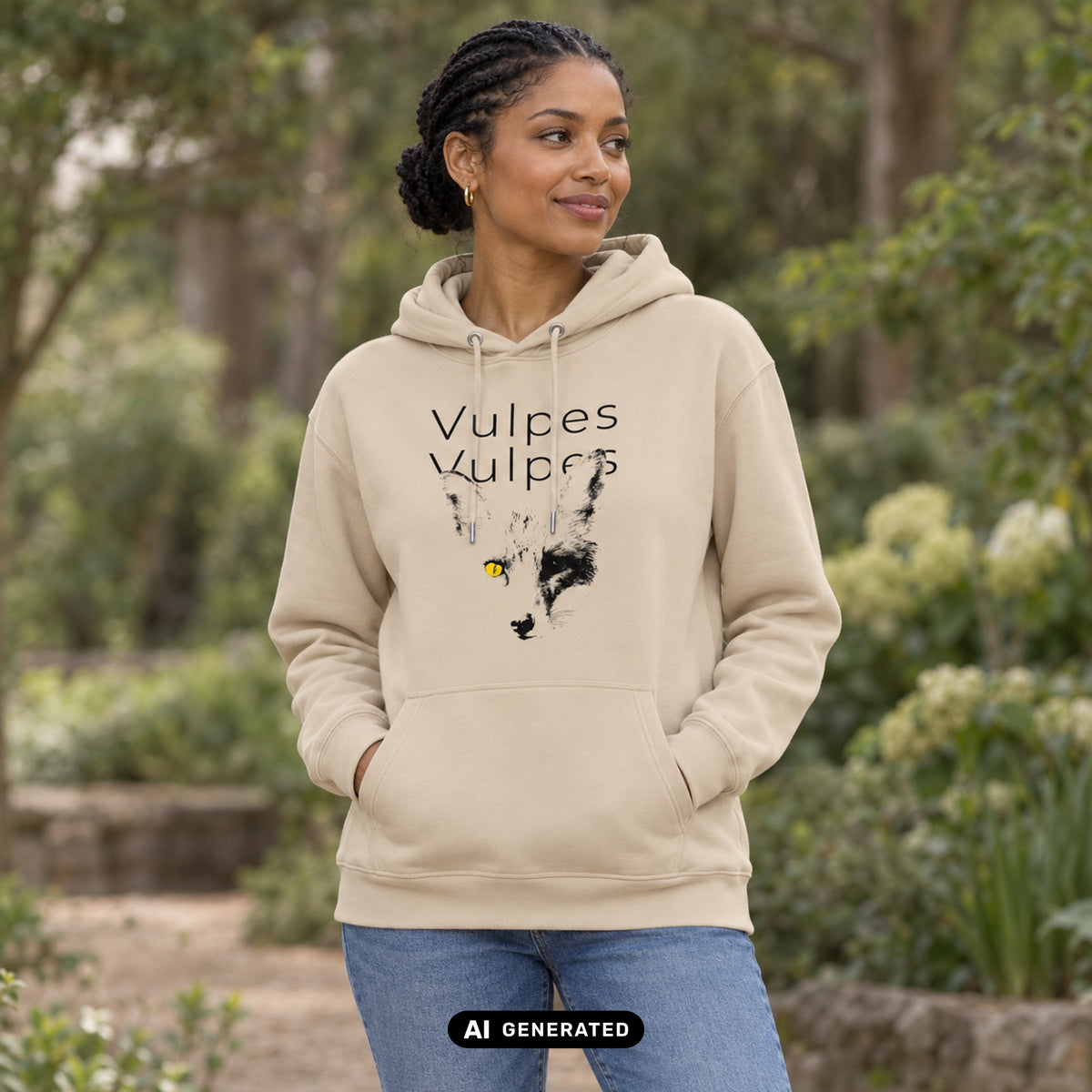 KI-generiertes Produktfoto: Vulpes Vulpes – Damen Bio Hoodie, beige. Dreiviertelansicht an einem erwachsenen Model im botanischen Garten.