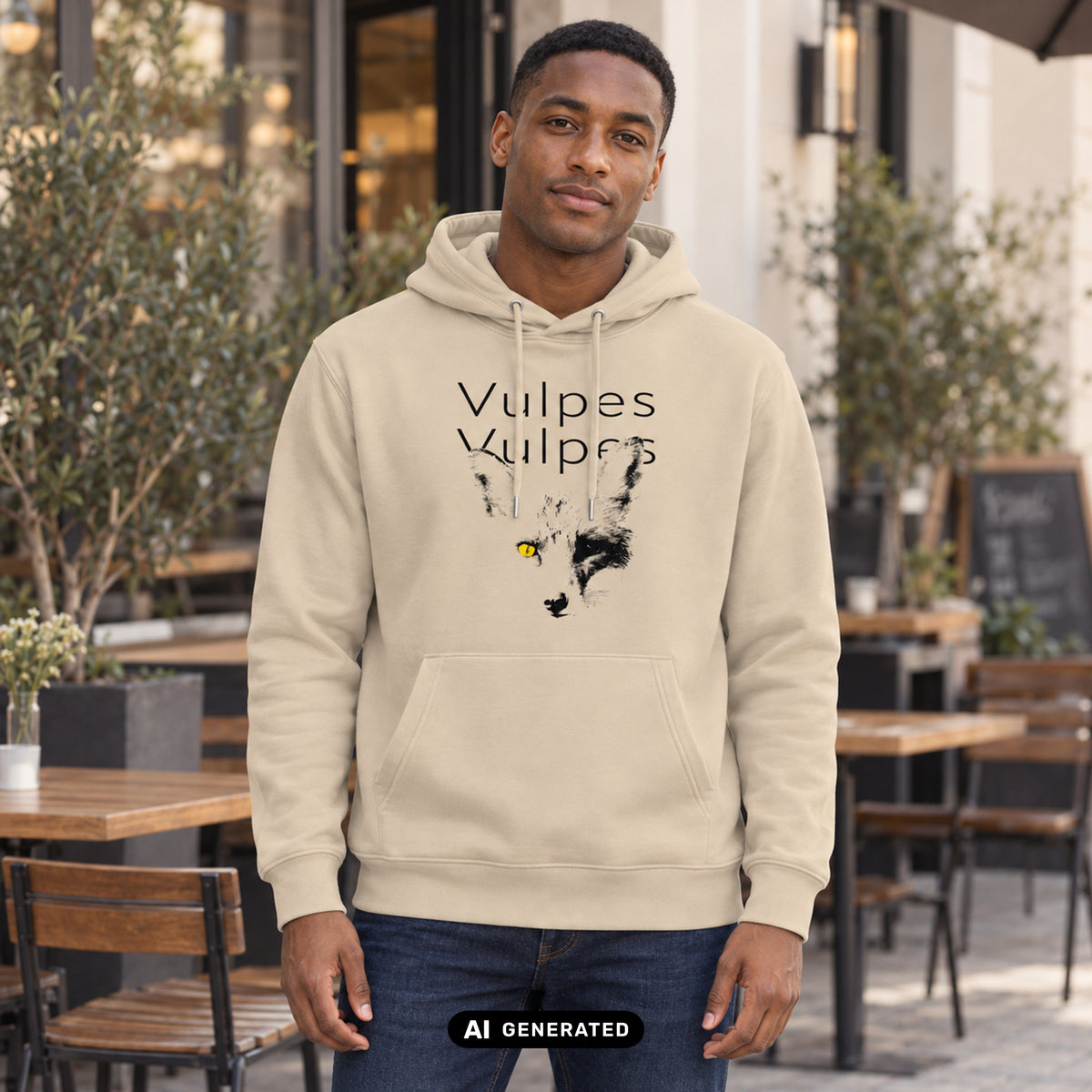 KI-generiertes Produktfoto: Vulpes Vulpes – Herren Bio Hoodie, beige. Vorderansicht an einem erwachsenen Model auf einer Caféterrasse.