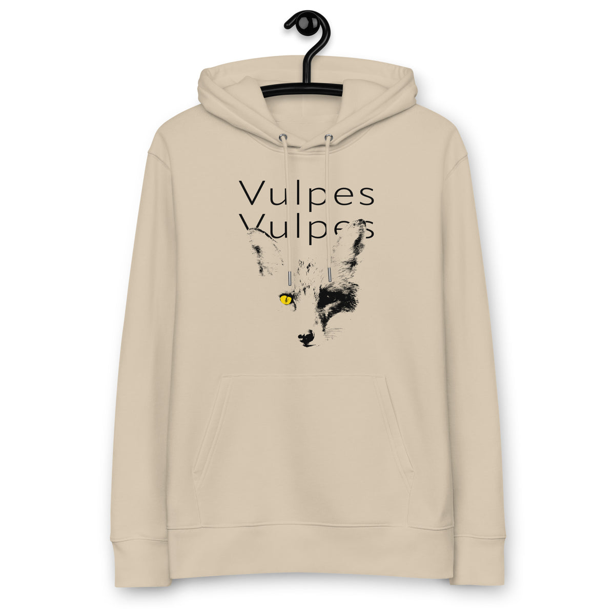 Herren-Bio-Hoodie Vulpes Vulpes von Bachblatt – In Beige, Vorderansicht am Kleiderbügel mit Fuchsmotiv.