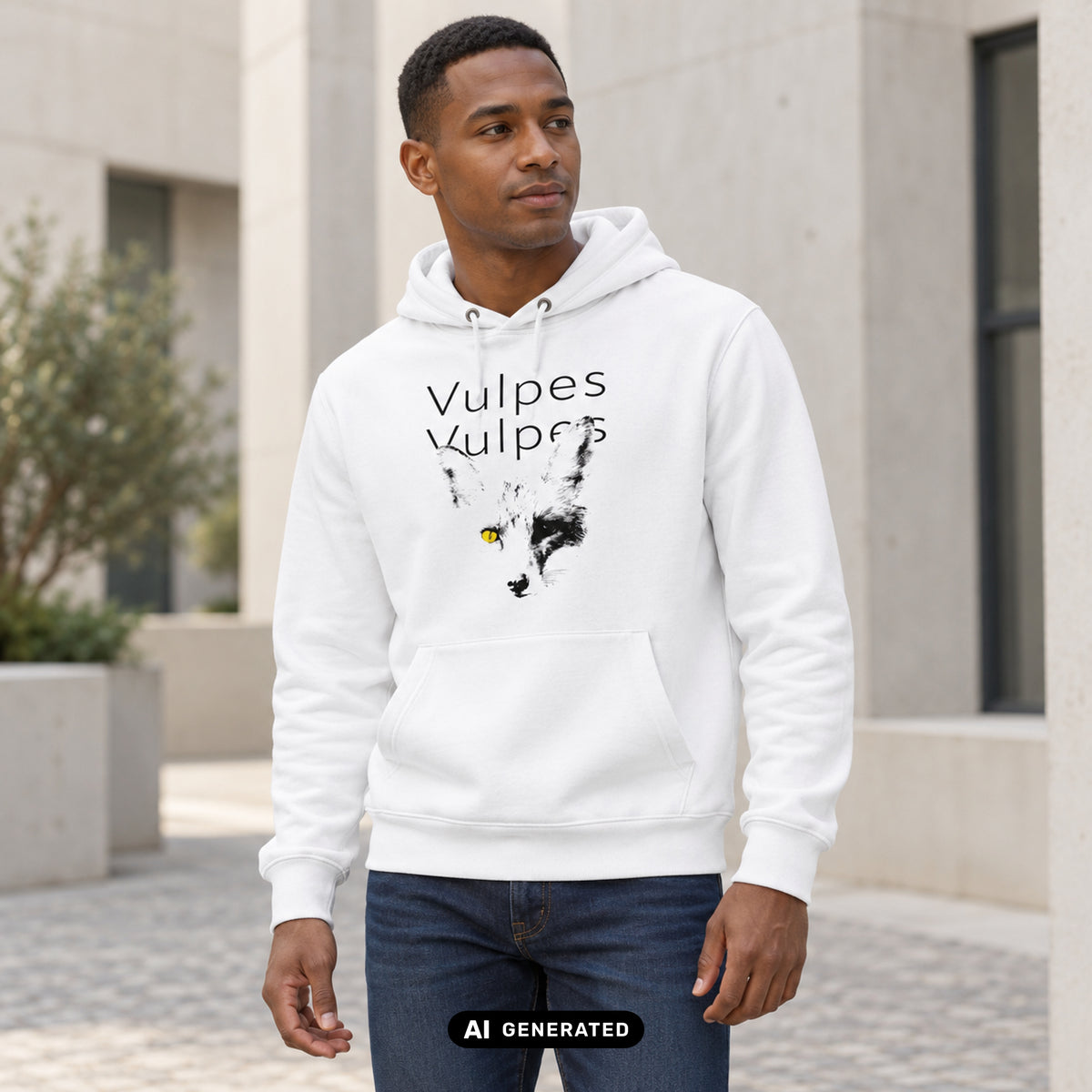KI-generiertes Produktfoto: Vulpes Vulpes – Herren Bio Hoodie, weiß. Dreiviertelansicht an einem erwachsenen Model in einem urbanen Innenhof.
