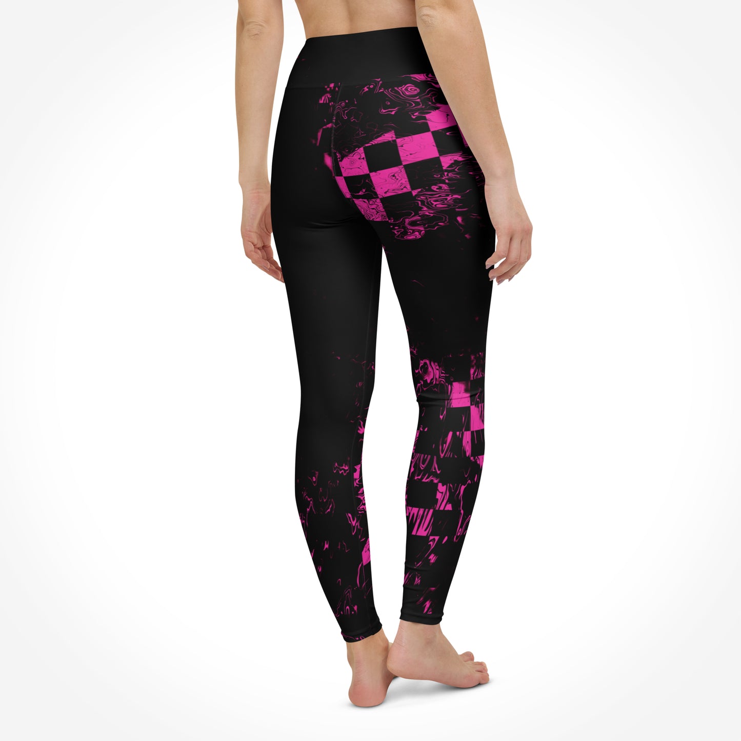 Rückansicht einer schwarzen Leggings mit abstrakten pinken Quadraten von Bachblatt