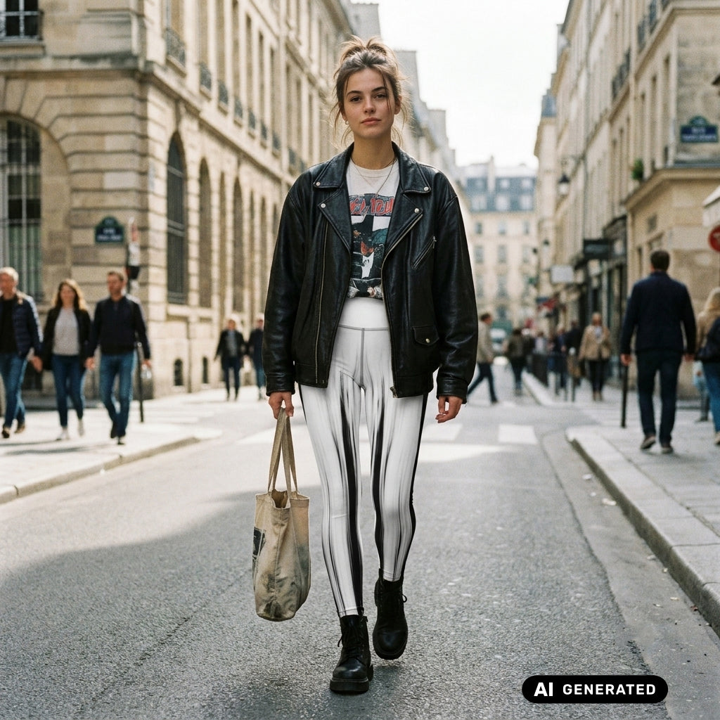 Eine Frau in der Stadt trägt die Moving Forest One Black White High Waist Damen Leggings von Bachblatt kombiniert mit einer schwarzes Lederjacke.