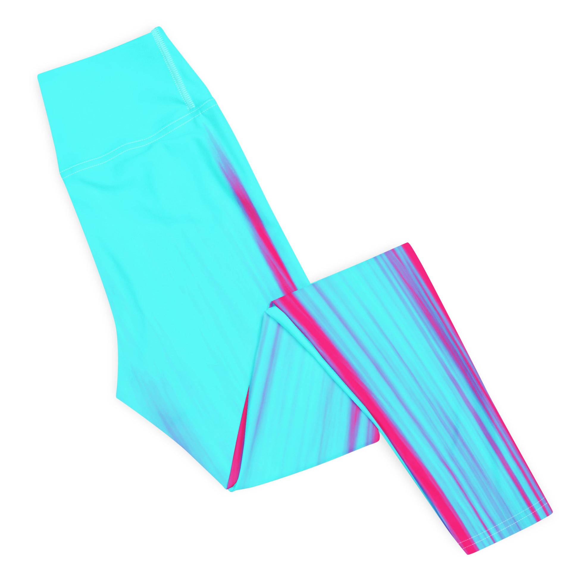 Die Moving Forest One Pink Tourquise High Waist Damen Leggings von Bachblatt. Ansicht von der Seite. Liegt halb zusammen gefaltet auf einer weißen Fläche. Zusätzlich noch in der Länge gefaltet.