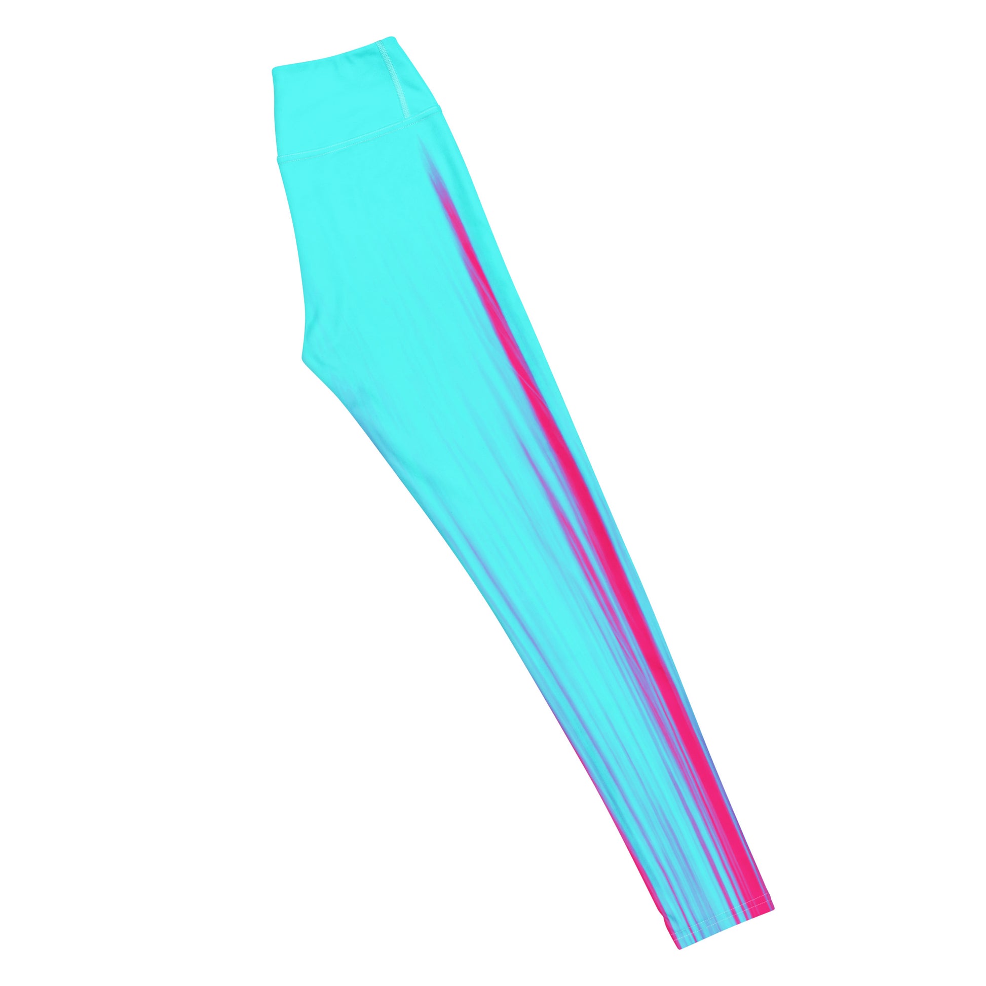 Die Moving Forest One Pink Tourquise High Waist Damen Leggings von Bachblatt. Ansicht von der Seite. Liegt halb zusammen gefaltet auf einer weißen Fläche.