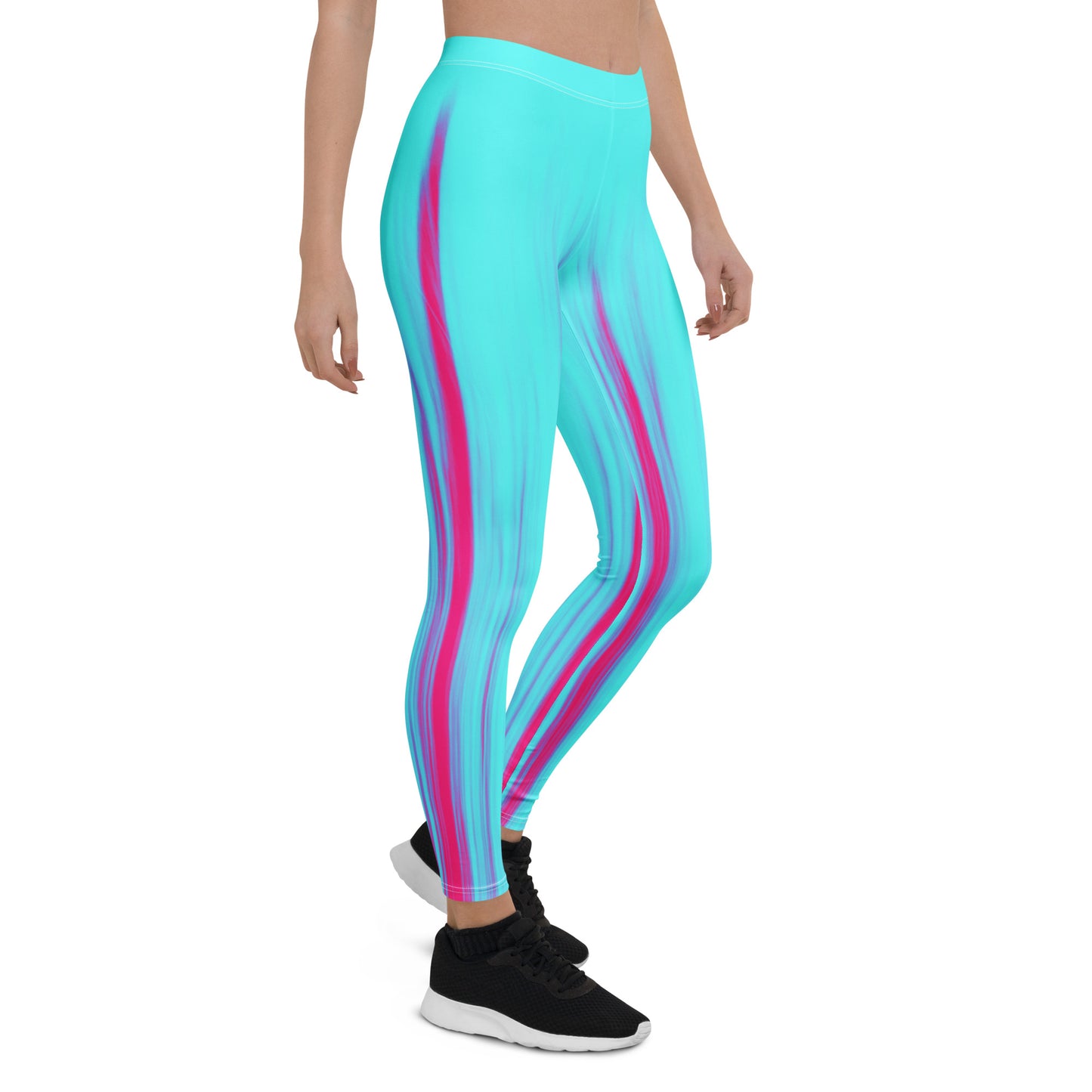 Eine Frau trägt die Moving Forest One Pink Tourquise Waist Damen Leggings von Bachblatt. Ansicht von seitlich vorn.