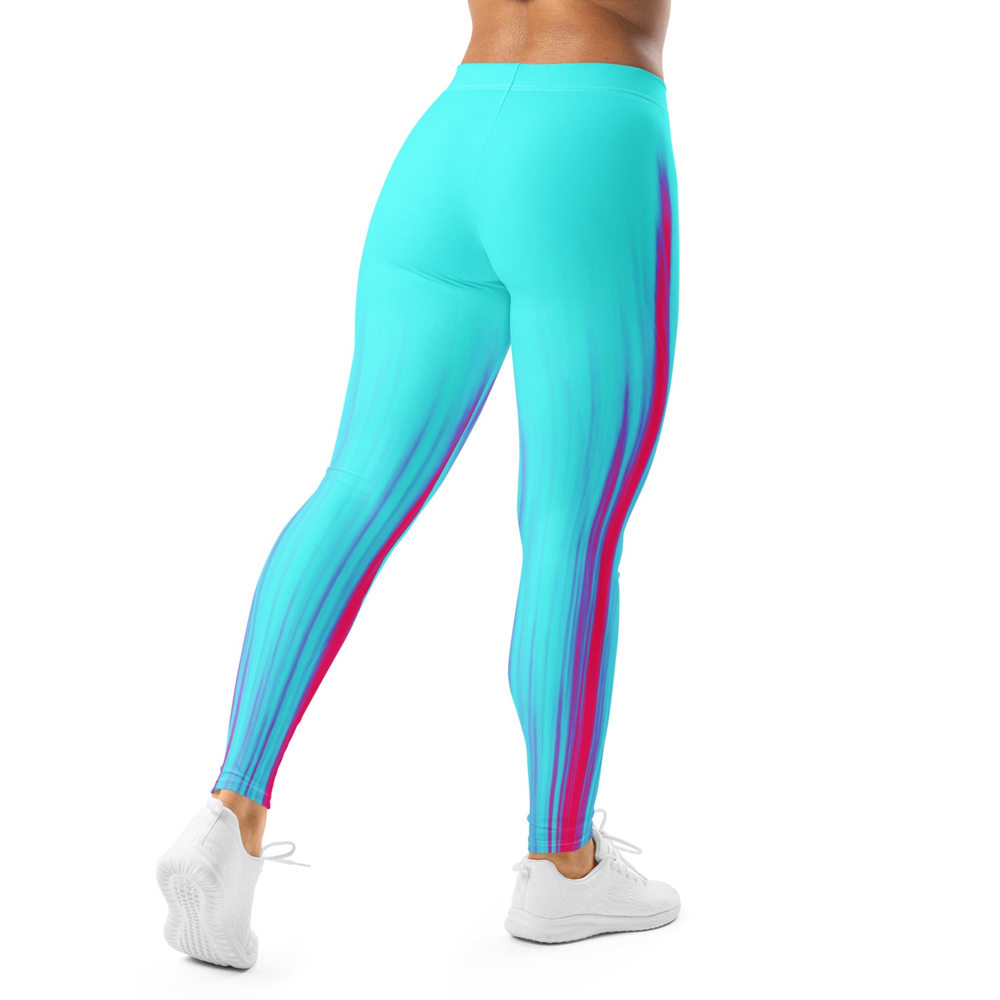 Eine Frau trägt die Moving Forest One Pink Tourquise Waist Damen Leggings von Bachblatt. Ansicht von hinten.