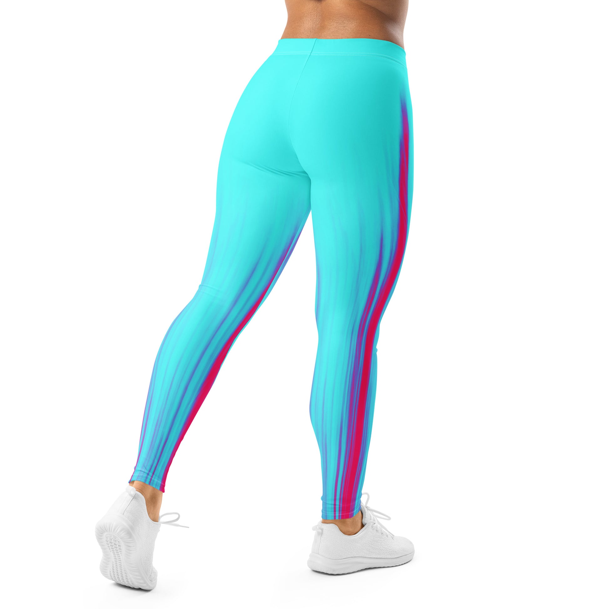 Eine Frau trägt die Moving Forest One Pink Tourquise Waist Damen Leggings von Bachblatt. Ansicht von hinten.