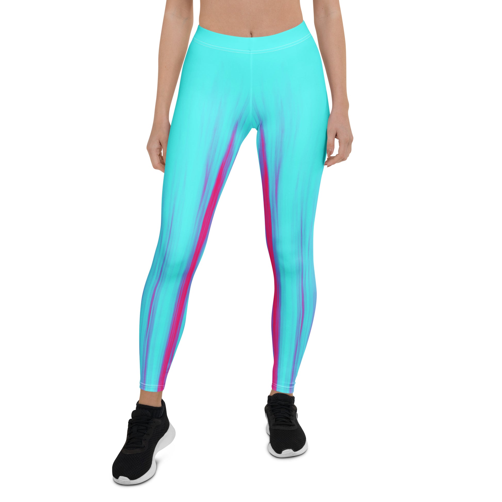 Eine Frau trägt die Moving Forest One Pink Tourquise Waist Damen Leggings von Bachblatt. Ansicht von vorn.