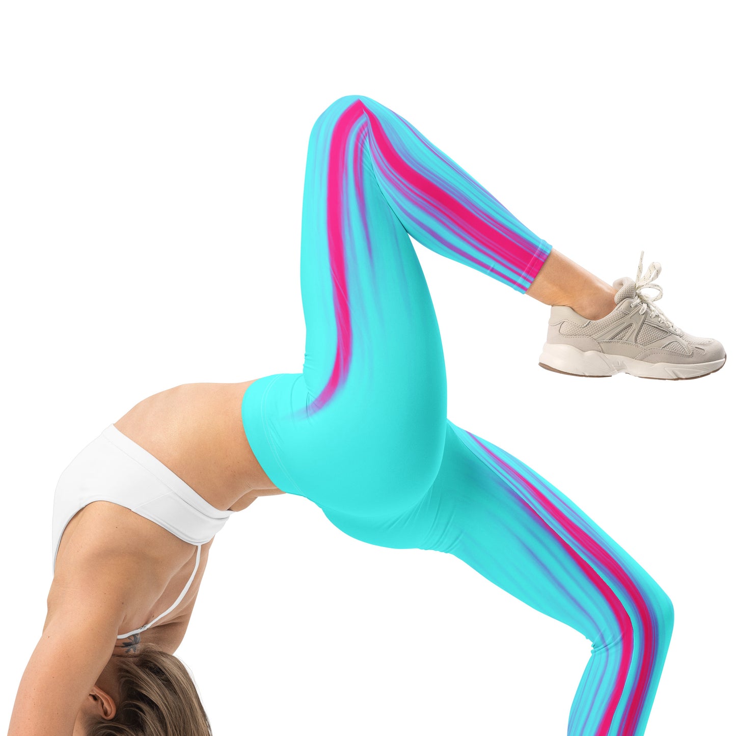 Eine Frau trägt die Moving Forest One Pink Tourquise Waist Damen Leggings von Bachblatt. Sie macht eine Yogapose.
