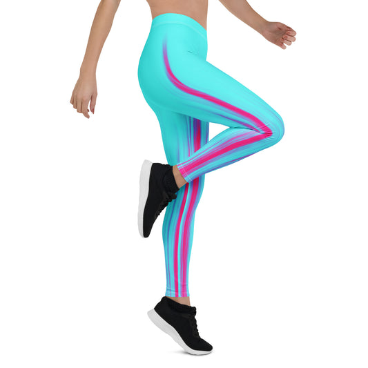Eine Frau trägt die Moving Forest One Pink Tourquise Waist Damen Leggings von Bachblatt. Seitenansicht.